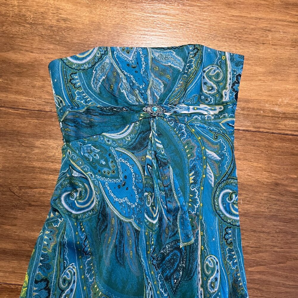 Dress- Silk turquoise paisley strapless - Picture 6 of 8